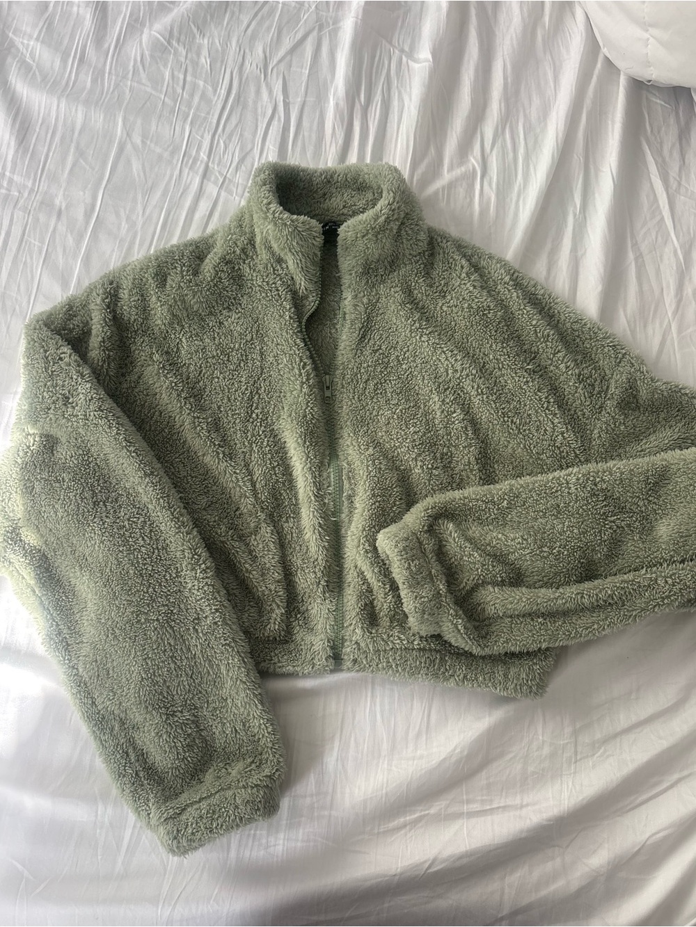 SHEIN Sage Green Plush Teddy Zip-Up Jacket
